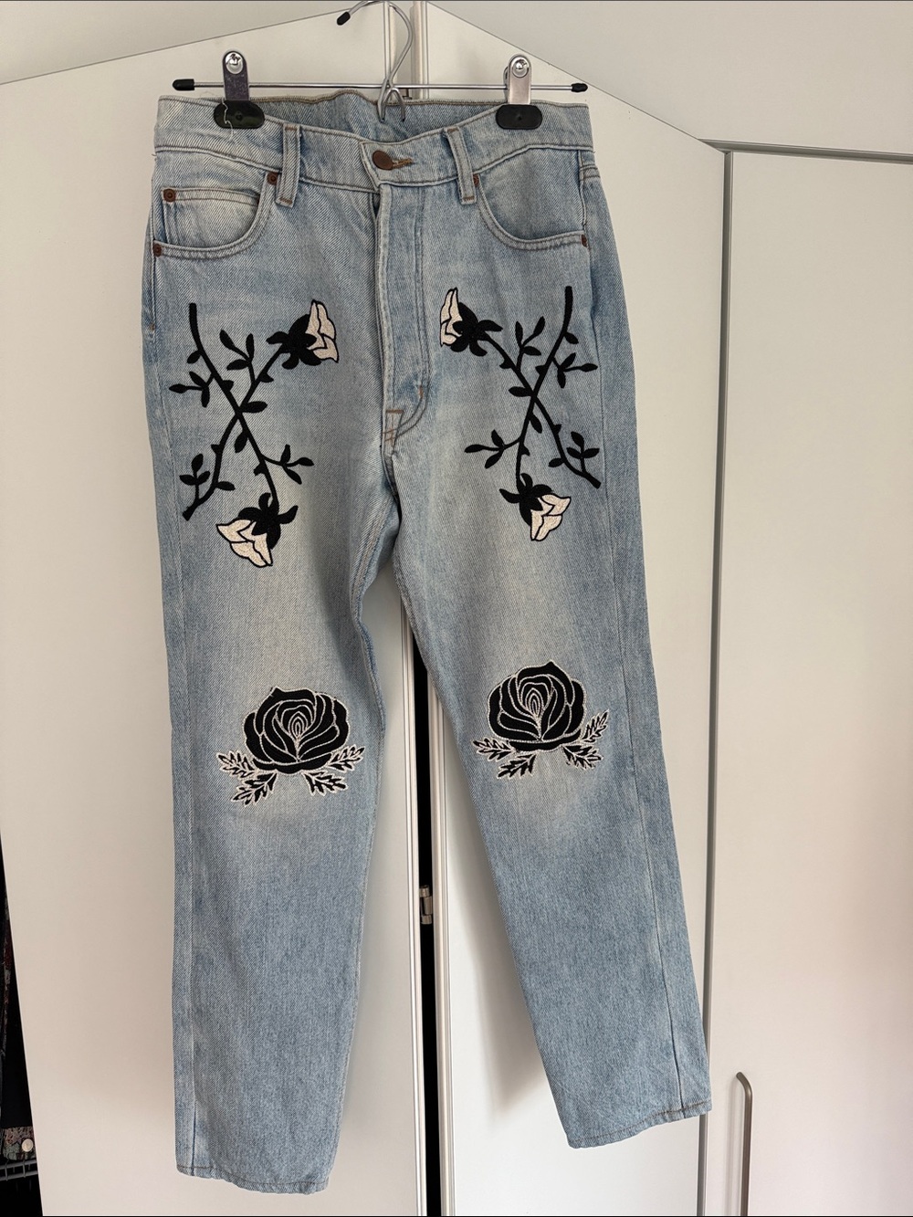 floral embroidered straight leg jeans